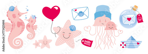 Seepferdchen Qualle Seestern Flaschenpost Illustrationen