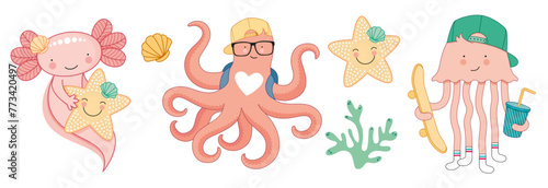Axolotl Oktopus Seestern Qualle Illustrationen