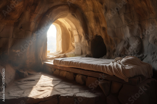 Empty tomb cave symbolizes Christ's resurrection AI Generative