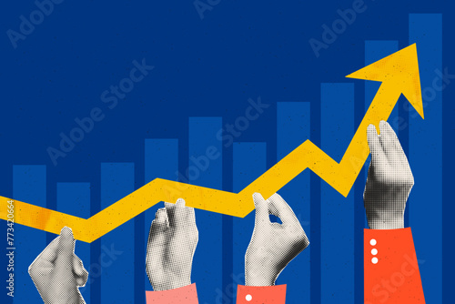 Business growth concept art collage. Halftone hands of colleagues holding rising arrow chart. Teamwork, work efficiency, partnership concept. Trendy modern retro vector illustration