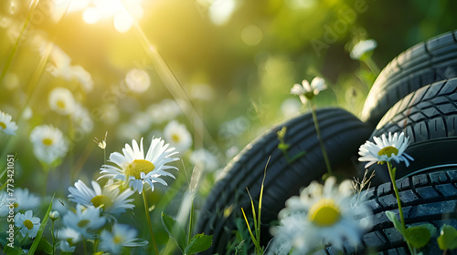field of daisies with summer tyres photo