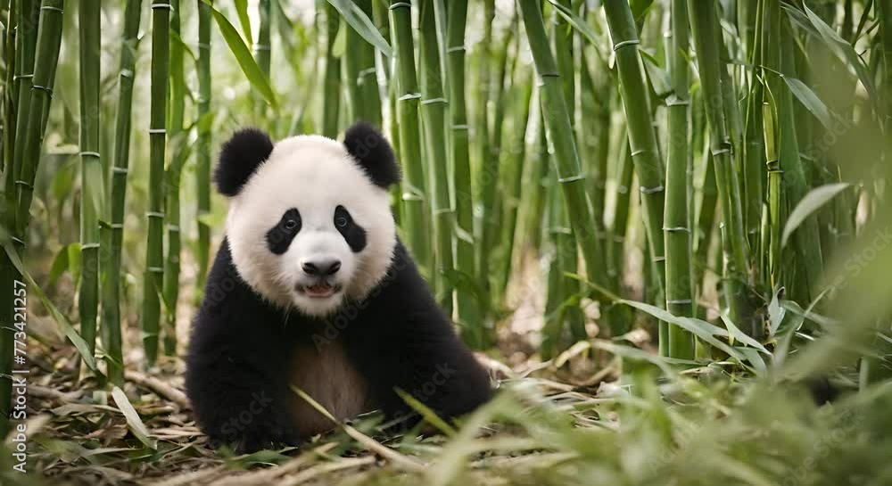A young panda plays among bamboo leaves. A young panda plays among bamboo leaves.