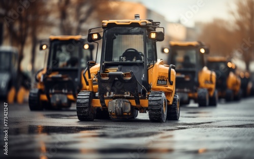 A line of bright yellow construction vehicles moving down a city street