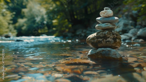 Rocks stacked on top of a flowing river © pham