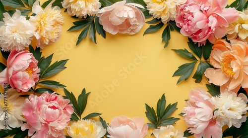 Frame of pink and white large peony flowers and green leaves painted from above on pastel background, place for text.