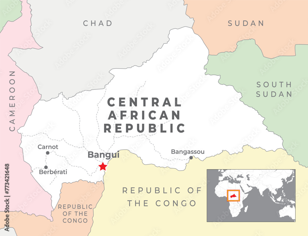 Central African Republic Political Map with capital Bangui, most important cities with national borders