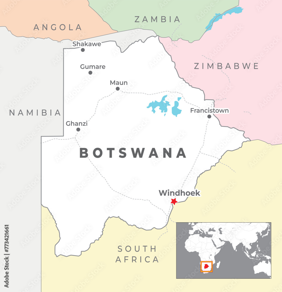 Botswana Political Map with capital Gaborone, most important cities with national borders
