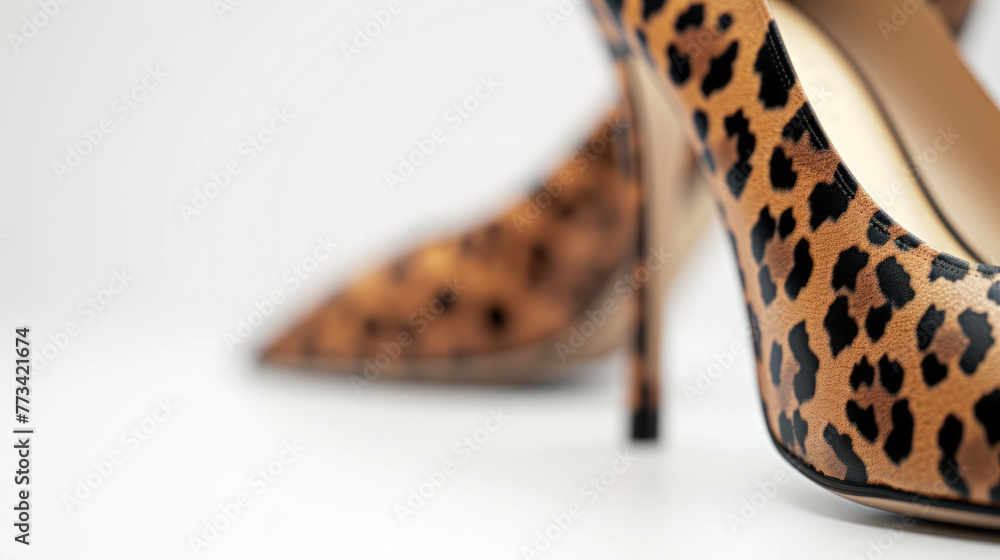 Fototapeta premium Stiletto shoes with leopard print background fashion women shoes