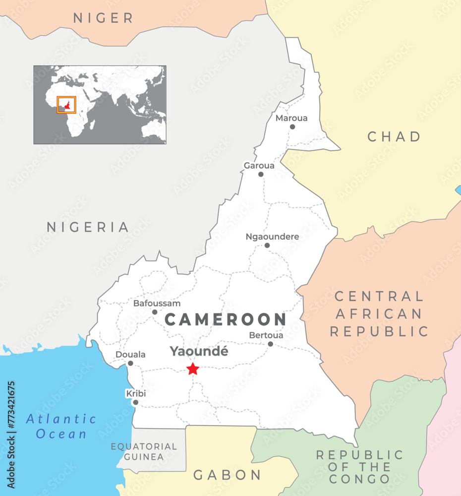 Cameroon Political Map with capital Yaounde, most important cities with national borders