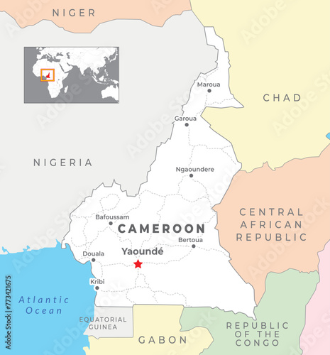 Cameroon Political Map with capital Yaounde  most important cities with national borders