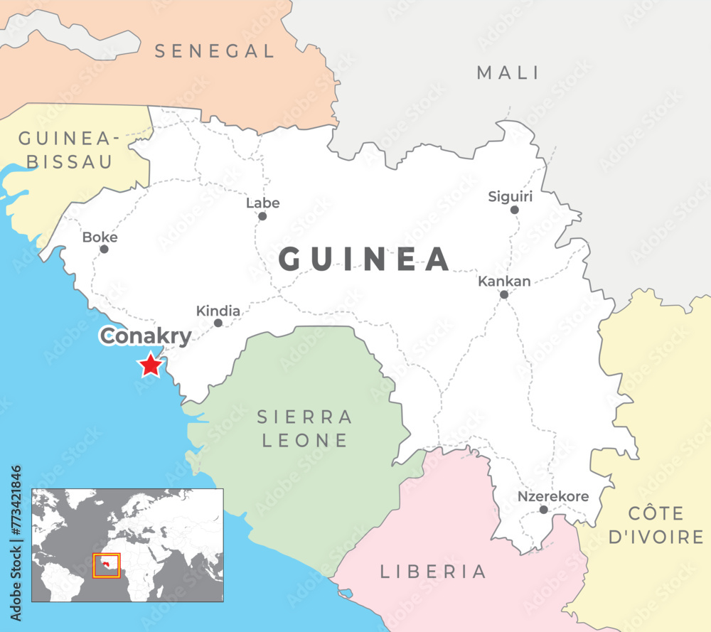 Guinea Political Map with capital Conakry, most important cities with national borders