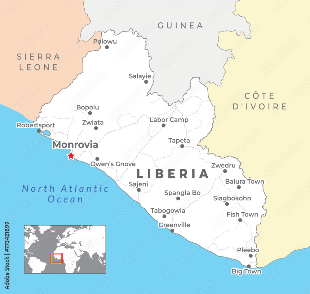 Liberia Political Map with capital Monrovia, most important cities with national borders