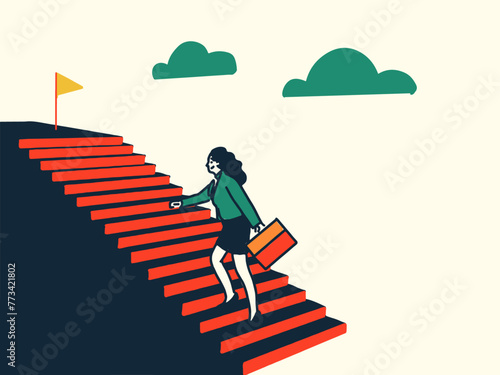 Woman success, step to achieve career success, motivation to grow career path, growth, climb up the stair to reach the goal, ambition concept, businesswoman run fast climb up stair to reach winning