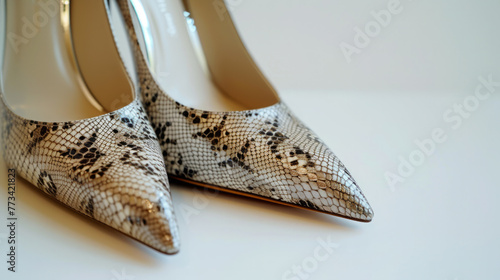 Stiletto with snake print on white background woman shoes