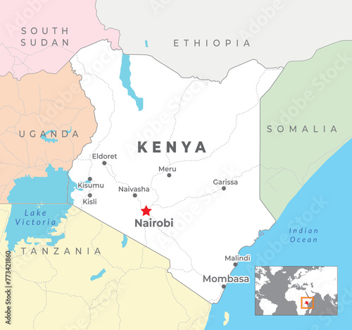 Kenya Political Map with capital Nairobi, most important cities with national borders photo