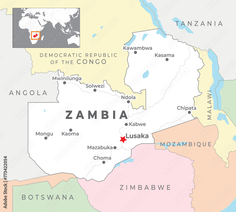 Zambia Political Map with capital Lusaka, most important cities with national borders