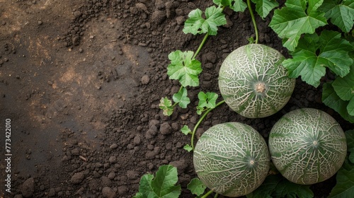 From above, close-up of zucchini on soft soil in the garden. Spring concept. photo