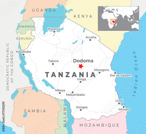 Tanzania Political Map with capital Dodoma, most important cities with national borders
