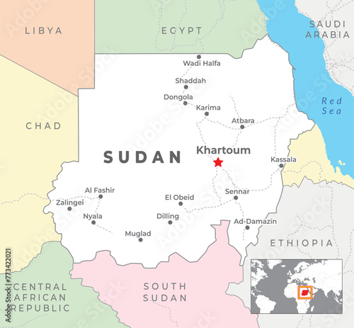 Sudan Political Map with capital Khartoum, most important cities with national borders photo