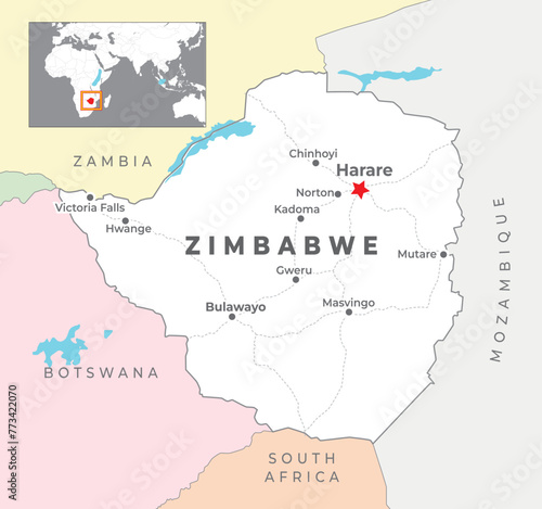 Zimbabwe Political Map with capital Harare, most important cities with national borders