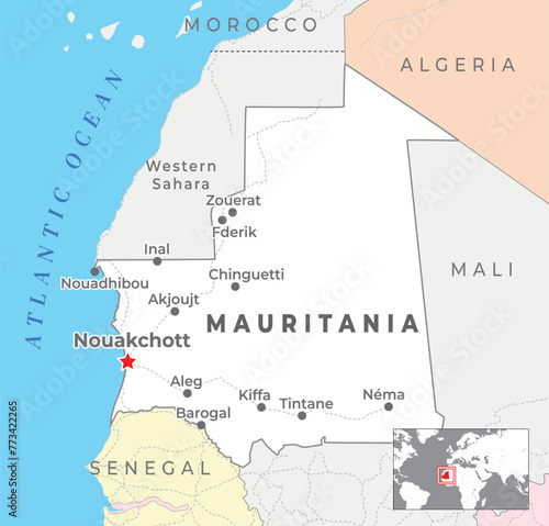Mauritania Political Map with capital Nouakchott, most important cities with national borders
