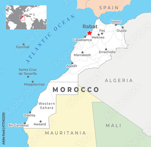 Morocco Political Map with capital Rabat, most important cities with national borders