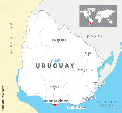 Uruguay Political Map with capital Montevideo, most important cities with national borders photo