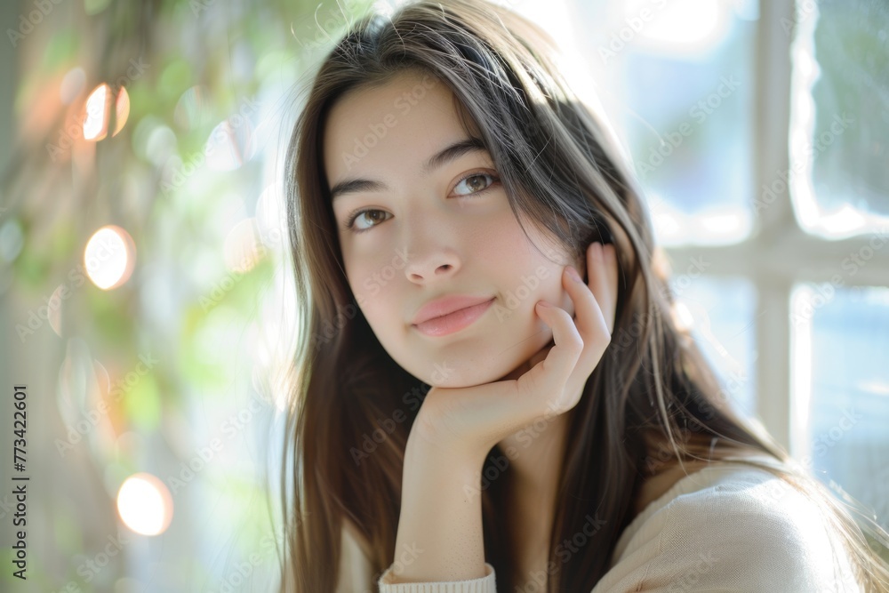 Obraz premium A young woman strikes a pose in front of a window, exuding grace and elegance in this soft and contemplative portrait