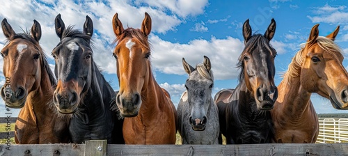 A group of horses in various colors and sizes, all standing close together behind the wooden fence at an horse farm on sunny day. AI generated illustration © moon