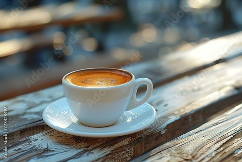 Cup of black coffee on white table with wood background.