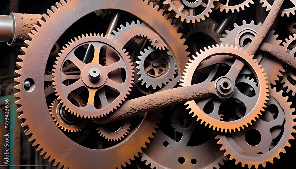 Complex interlocking metal gears and cogs, symbolizing machinery, industrial processes, or teamwork. Complex interlocking metal gears and cogs, symbolizing machinery, industrial processes, or teamwork.