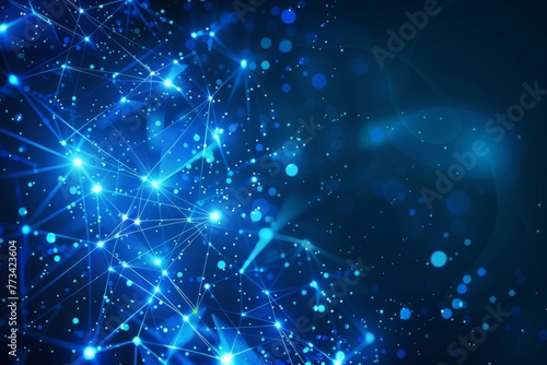 Abstract background with blue glowing lines and dots in the shape of an illuminated web network on a dark blue gradient backdrop Generative AI