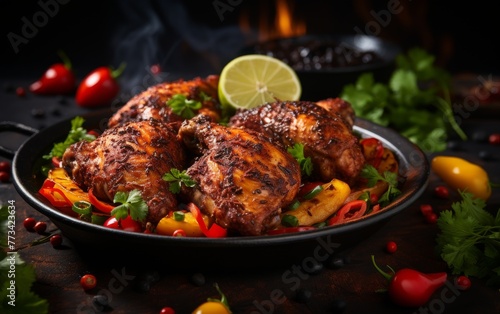A close-up view of a tempting plate of food showcasing juicy chicken and colorful ingredients
