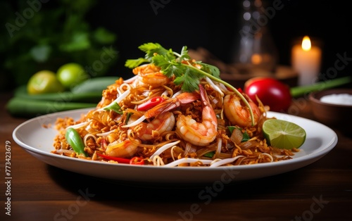 A white plate filled with savory noodles and succulent shrimp © zainab