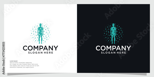 Human molecular structure. Abstract silhouette man with green circle dotted logo vector