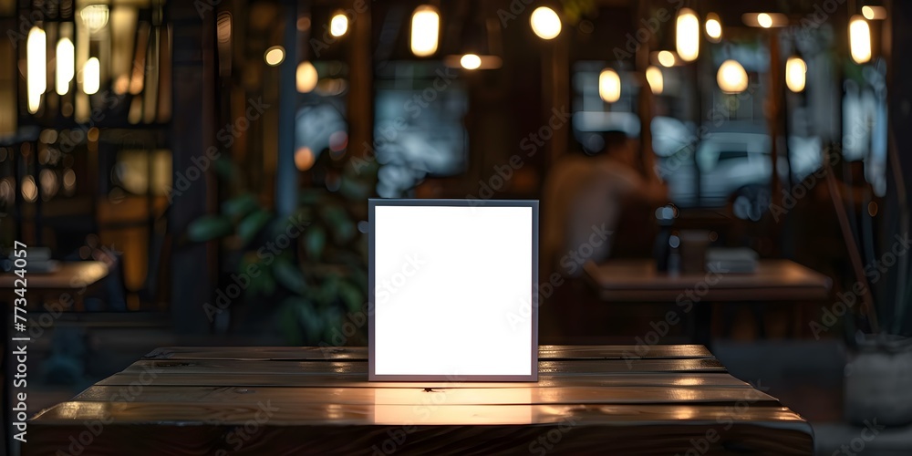 Blank menu frame on wooden table in restaurant setting for marketing promotion. Concept Restaurant Marketing, Menu Design, Wooden Table Setting, Promotional Display Blank menu frame on wooden table in restaurant setting for marketing promotion. Concept Restaurant Marketing, Menu Design, Wooden Table Setting, Promotional Display