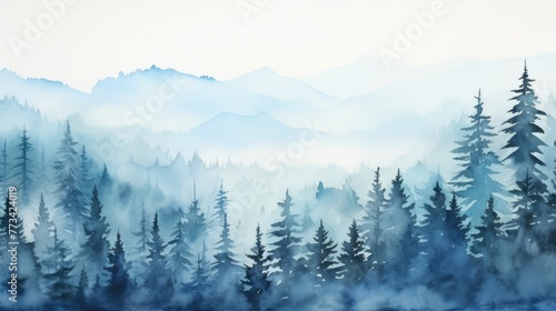 Panorama of a watercolor landscape of the Black Forest forest. Drawing. Painting. © May