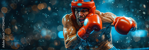 A boxer in a red helmet and gloves performs at the Olympic Games. The boxer dynamically throws a side kick, protecting the jaw. Banner with space for text. Olympic boxing concept photo