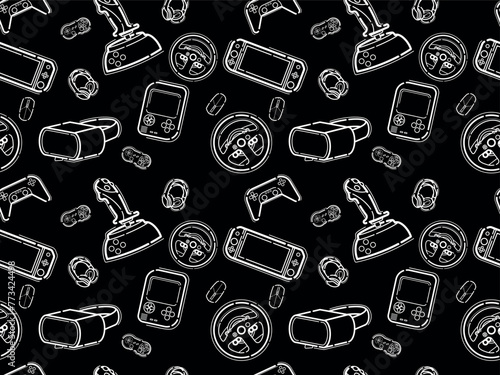 Video game controller gamepad background Gadgets and devices seamless pattern Modern Game Console Controllers Seamless Pattern, Video Game Players Accessory Devices Background, Banner, Textile, Packag