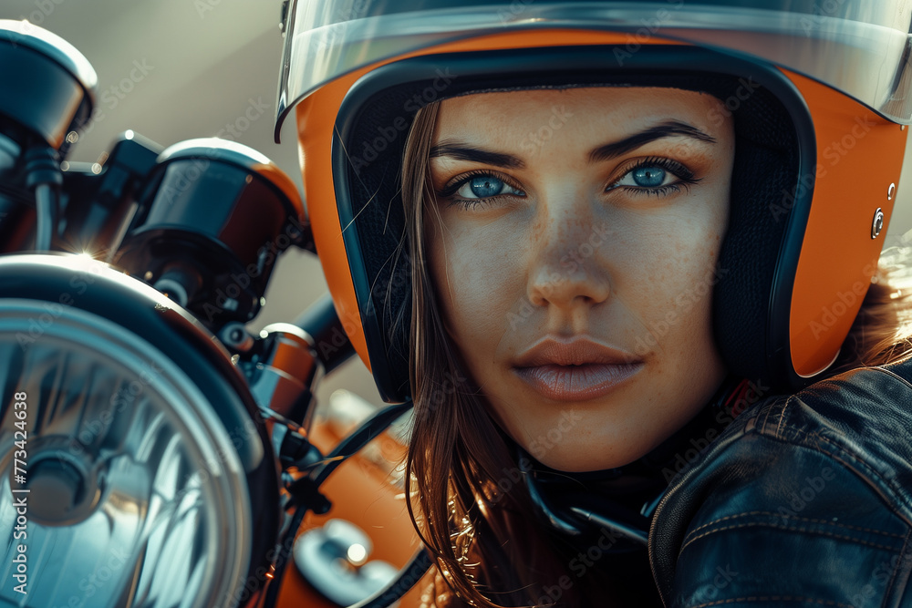 A woman wearing a motorcycle helmet exudes strength and determination ...