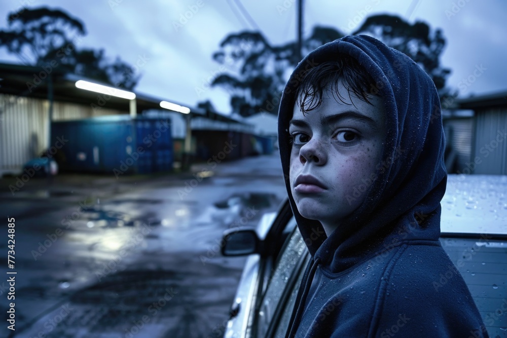 A boy is standing in front of a car with his hood up A boy is standing in front of a car with his hood up