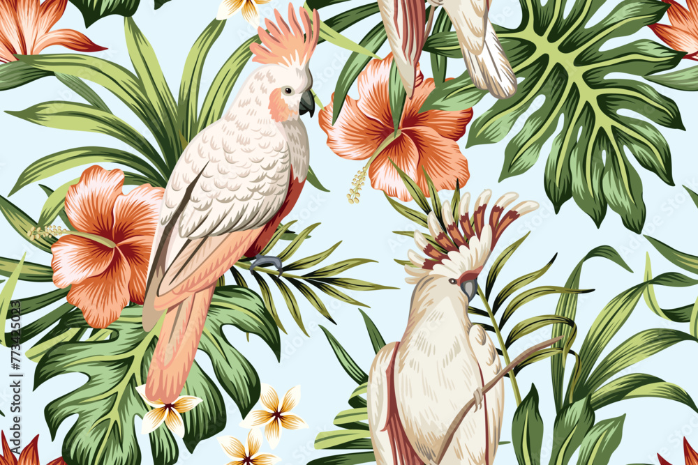 Naklejka premium Tropical vintage palm leaves, red hibiscus flower, pink cockatoo parrot floral seamless pattern blue background. Exotic jungle wallpaper.