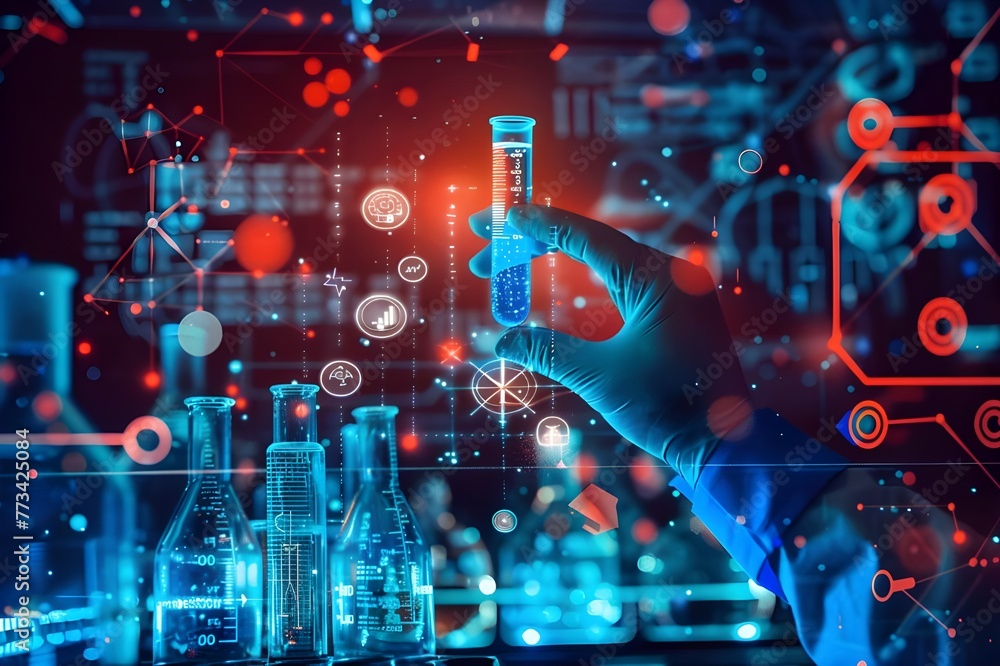 Obraz premium A scientist is holding up a test tube with glowing blue liquid inside, surrounded by holographic icons representing different lab equipment and data visualizations 
