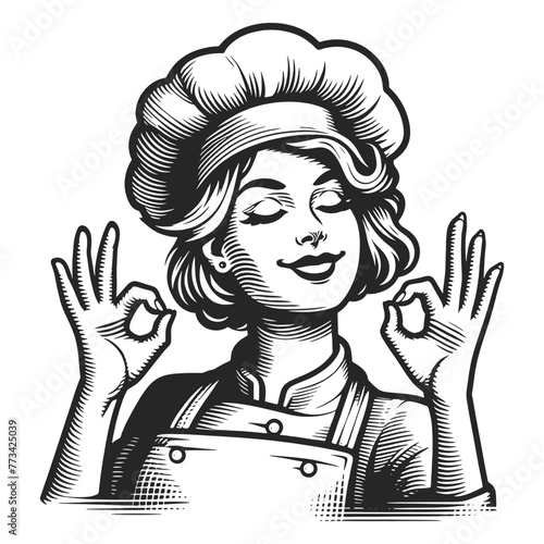 Chef woman wearing a chef hat and making an okay sign with her hand sketch engraving generative ai fictional character vector illustration. Scratch board imitation. Black and white image.