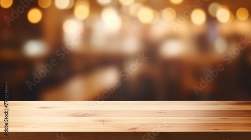 Wooden board empty table in front of blurred background. Brown wood over blur in restaurant - can be used for display or montage your products. Mock up for display of product. High quality photo