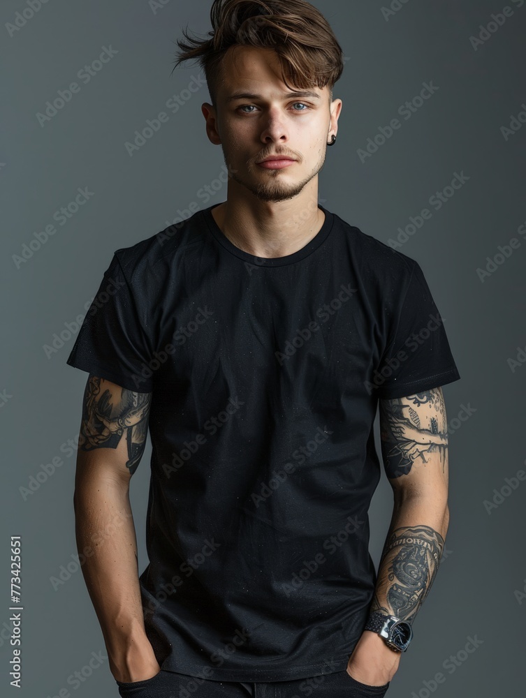 A man with tattoos on his arms and neck stands in front of a plain gray background, looking directly at the camera