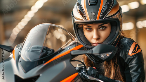 A woman in a motorcycle helmet leaning confidently against a sleek black and orange motorcycle, capturing the essence of freedom and adventure
