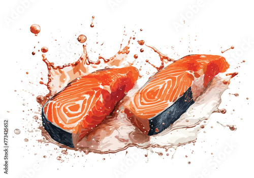 Raw steak of salmon, trout, slice of fresh raw fish isolated on white background with clipping path vector art painting