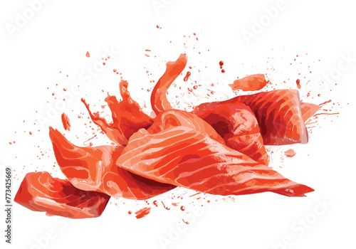 Raw steak of salmon, trout, slice of fresh raw fish isolated on white background with clipping path vector art painting