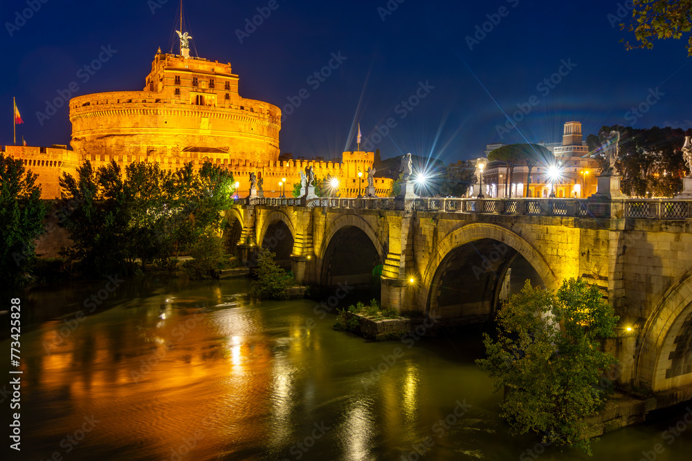 Castle and bridge of the Holy Angel at night, Rome, Italy